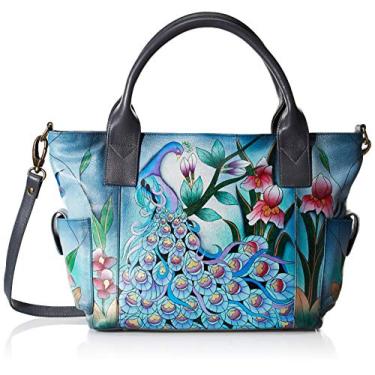 Imagem de Anna by Anuschka Bolsa feminina grande de couro pintada à mão com bolso lateral, Pavão meia-noite - cinza, One Size