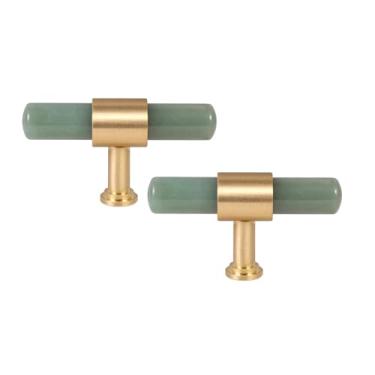Imagem de Rockcloud Conjunto de 2 maçanetas de barra em T de pedra aventurina verde com parafusos, puxadores cilíndricos de gaveta, puxadores para armário de cômoda, guarda-roupa, decoração de casa, verde