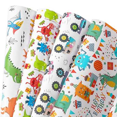 Imagem de Camkuzon Papel de embrulho de aniversário para meninos, meninas e crianças - 4 lindos designs incluem papel de embrulho de monstro, carro, dinossauro para férias, festa, chá de bebê - pacote com 10