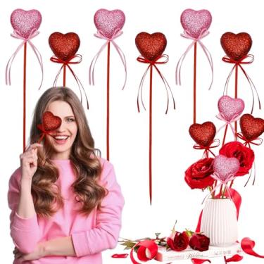 Imagem de 10 peças de espuma com glitter coração laço palitos florais palitos de isopor inchado Dia dos Namorados festa de aniversário de casamento DIY acessórios de decoração de festival topos de bolo
