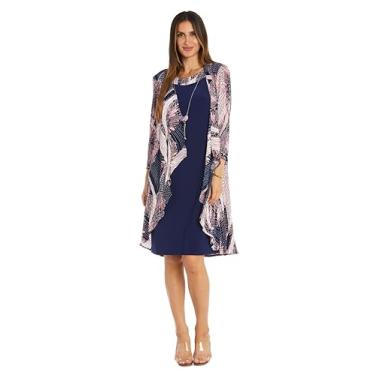 Imagem de R&M Richards Vestido de 2 peças Flyaway com estampa plissada enrugada e vestido regata liso, Azul-marinho/coral, 42