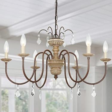 Imagem de Eco-homely Lustre Francês Orb Lustre De Fazenda De 6 Luzes Lustres Rústicos De Imitação De Madeira Para Sala De Estar Sala De Jantar, Braços De Metal Enferrujado, Estilo Vela, Diâmetro 28'', Branco