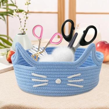 Imagem de Ｂｅｓｇａ Cesta de corda de algodão para gato, organizador de brinquedos, cesto decorativo leve, cesta de armazenamento de cosméticos para sala de desenho, Azul