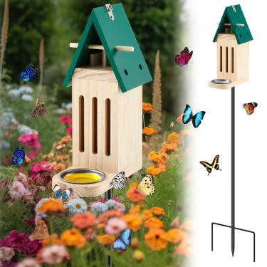 Imagem de Tandefio Casa de borboleta e alimentador externo de casas de borboleta de madeira para jardim, habitat de borboleta natural e pufe de borboleta com estaca de metal, fácil conservação de limpeza
