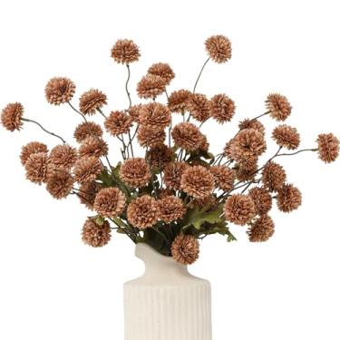 Imagem de DuHouse 6 peças de flores artificiais de seda sintética, mini bola de crisântemo de seda pequena com hastes para buquês de casamento faça-você-mesmo, centro de mesa, decoração de cozinha (café)