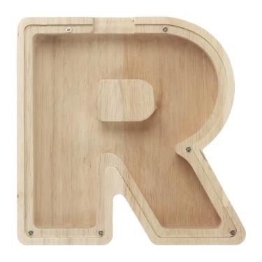 Imagem de PATIKIL Cofrinho de madeira, letra R, caixa de poupança de dinheiro de acrílico transparente, personalizado, aniversário, Natal, remoção de ervas daninhas, decoração de festa para dinheiro, moedas