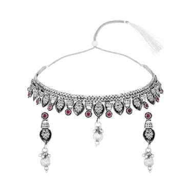 Imagem de Aheli Colar de gargantilha cravejado de pedra sintética rosa rosa banhado a prata brincos étnicos conjunto de joias presente para mulheres, Onesize, Cobre, Pedra sintética