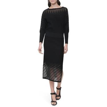 Imagem de DKNY Blusa feminina casual de malha de manga comprida transparente, Preto, M