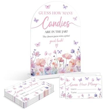 Imagem de Jogos de chá de bebê - Butterfly Guess How Many Doces Are in the Pote, 1 placa de acrílico de arco e 50 cartas de adivinhação, jogo de revelação de gênero, suprimentos de decoração de chá de bebê
