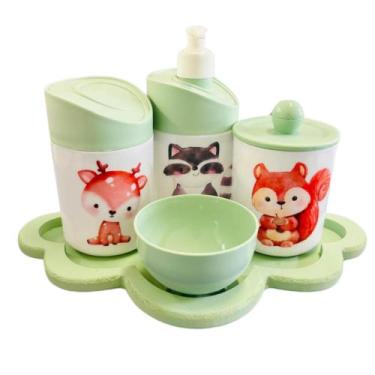 Imagem de Kit Higiene Bebê Floresta Encantada c/bandeja MDF - Menino e Menina - 