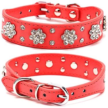 Imagem de Pimaodog Coleira para cachorro com strass, linda flor com strass coleira para cachorro colar de couro PU tamanhos ajustáveis pequeno médio grande (G: 31-37 cm, vermelho)