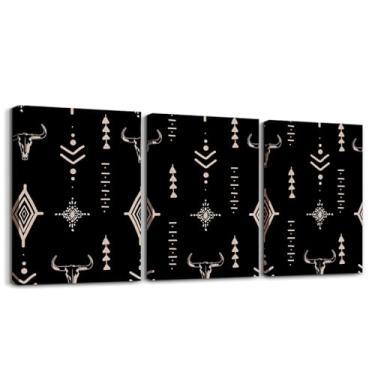 Imagem de Feelyou 3 peças de pinturas de parede de caveira de touro ocidental chifres étnicos boho arte de parede em tela para sala de estar quarto preto marrom asteca pôsteres imagens banheiro decoração de