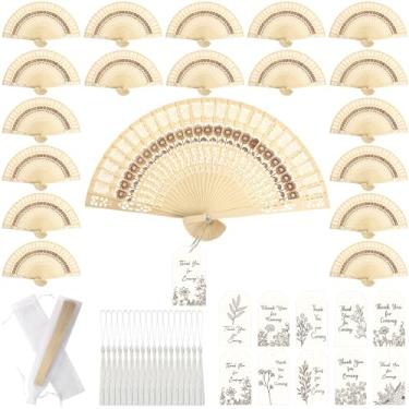 Imagem de Conjunto de 100 leques dobráveis de madeira esculpidos com girassol perfumados sândalo vazados leques de mão com cartões de agradecimento, borlas e sacolas de presente para convidados de casamento, brindes de festa dançantes chá de panela
