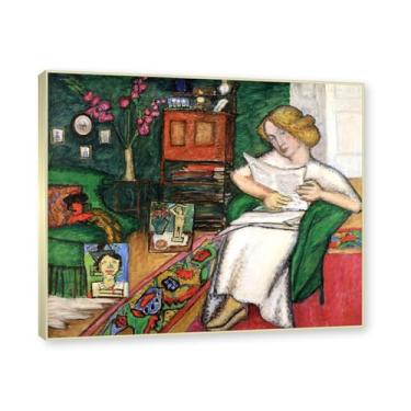 Imagem de NHLDZYH Moldura dourada champanhe. Impressões de artistas famosos, (In the Room) por Gabriele Münter, pôster de reprodução de impressões em tela de paisagem para decoração de casa 40 x 48 cm - 15,7 x