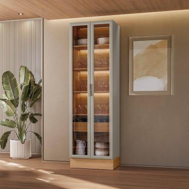 Imagem de Cristaleira 2 Portas 1 Gaveta com Led Allure Jequitibá/Gris Fosco