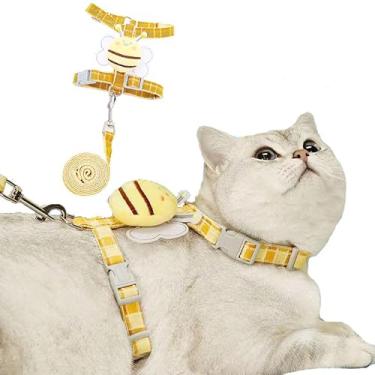 Imagem de IMDOUBLEDOU Conjunto De Peitoral E Guia Para Gatos, À Prova Fugas Gatos - Ajustável Gatinhos Grande Pequeno Porte, Xadrez Abelha Fofo, Leve Macio, Petsafe (Abelha Amarela, M (Para 7,0-16,5 Lb))