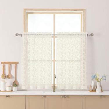 Imagem de Chyhomenyc Cortinas transparentes marfim 91 cm de comprimento, cortina de cozinha de janela pequena com filtro de luz tufada e texturizada sobre a pia, cortinas curtas de meia janela para porão de