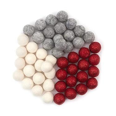Imagem de Glaciart One Bolas de feltro de lã (50 peças) 2,5 cm, 100% lã da Nova Zelândia, 3 cores (branco, cinza e vermelho brilhante) Feltro à mão no Nepal - Decoração de festa de Natal para feltro e guirlanda