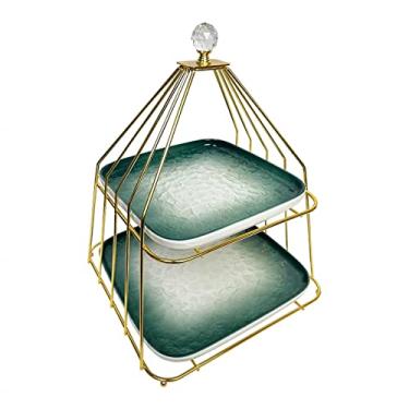 Imagem de Suporte de bolo, mesa de sobremesa, bandeja de bolo de cerâmica, bandeja de frutas dupla de três camadas, suporte de lanche, bolo de cerâmica, suporte de exibição de sobremesa, prato de bolo, doces