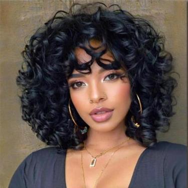 Imagem de Peruca Kavsni Short Curly Soft Black Big Curly com franja de 14 polega