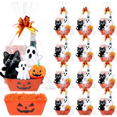 Imagem de Fulmoon 20 conjuntos de cestas de abóbora vazias de Halloween kraft com alças de puxar laços transparentes sacos de presente ráfia para casamento, aniversário, festa de inauguração de casa de