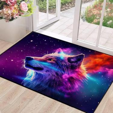 Imagem de Tapete de lobo galáxia 3D Lobos ferozes para quarto, sala de estar, sala de jogos, sala de jogos, meninos, crianças, colorido, glitter, tapete de chão 119,4 x 78,7 cm