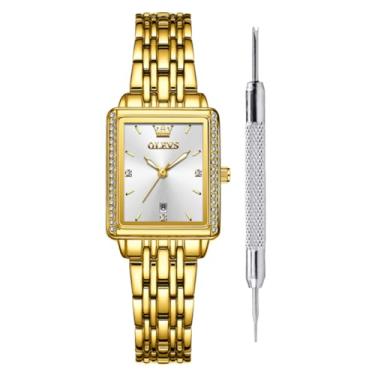 Imagem de OLEVS Relógio feminino moderno e luxuoso com mostrador quadrado – pulseira de malha de aço inoxidável dourado retrô, quartzo analógico, à prova d'água, elegante, fino, relógio social, amor próprio