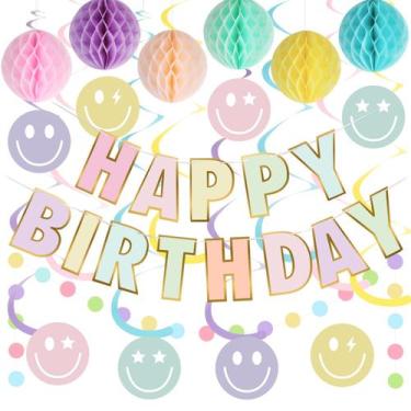 Imagem de Decorações de aniversário YEOCU Pre-Strung Happy Birthday Pastel