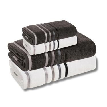Imagem de Jogo de Toalhas de Banho Grandes e Macias 4 Peças – 100% Algodão Fio Penteado Banhão + Rosto (CARBONO/BRANCA)