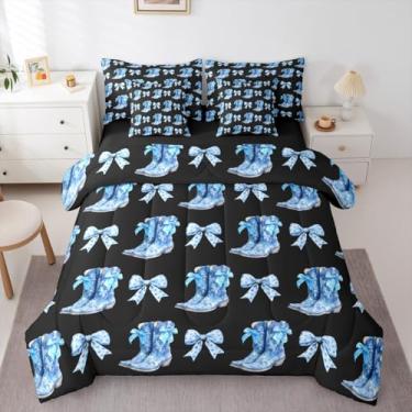 Imagem de Erosebridal Jogo de cama solteiro com laço azul, 7 peças, com laço fofo, para crianças, meninos, meninas, caubói ocidental, conjunto de cama com laço e laço