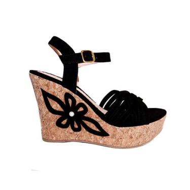 Imagem de Sandálias femininas de verão de alta plataforma, flor preta, 11 cm - L