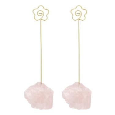 Imagem de PATIKIL Suporte de número de mesa, 2 peças de suportes de clipe de foto, pedra de cristal, quartzo, porta-cartões, em formato de flor crua, para notas de ferro, para festa de casamento, decoração de