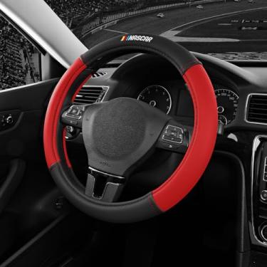 Imagem de NASCAR Capa de volante, patchwork de couro vermelho em dois tons, ajuste universal de 36,8 a 39,4 cm, capas de direção para carros, antiderrapante, aderência macia, sem odor, caminhões e SUVs