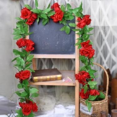 Imagem de Flores artificiais - flor de seda com hastes rosa vermelha arranjos florais falsos para casa de banho escritório mesa central prateleira decoração de casamento