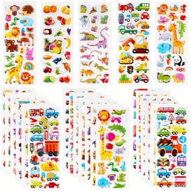 Imagem de 24 folhas (500 peças +) Pacote variado de adesivos inchados 3D - com animais, números, frutas, peixes, dinossauros, carros e muito mais, ideal para artigos de festa, lembrancinhas e decorações
