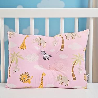 Imagem de Travesseiro Anatômico para Bebê, Fibra Siliconada Hipoalergênica, 27x37cm, Estampa Safari 100% Algodão, Macio e Confortável para Berço e Carrinho (ROSA)