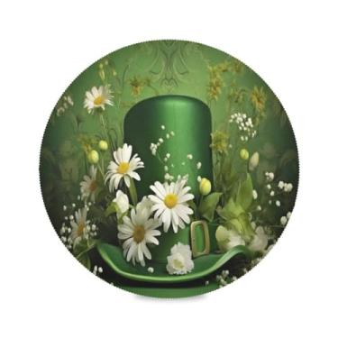Imagem de Wassud Jogo americano chapéu verde e flores brancas tapetes de mesa redondos para cozinha e jantar tapetes laváveis resistentes ao calor decoração de mesa 39 cm