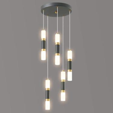 Imagem de Luminária pendente LED moderna para escadas, 5 lâmpadas cilíndricas pretas e douradas, dimerizáveis, para sala de jantar, sala de estar, quarto, luminária pendente para ilha de cozinha, ilum
