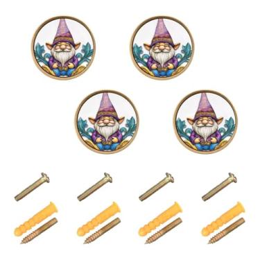Imagem de Burbuja Maçanetas de armário de cozinha Mardi Gras Gnomo, pacote com 4, puxadores redondos de 3,5 cm, puxadores de cômoda com parafusos para armários de cozinha, quarto, armário