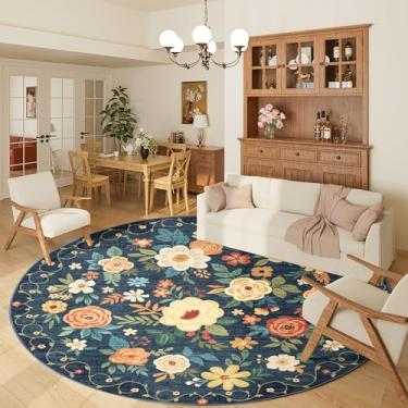 Imagem de DUKINO Tapete redondo floral, tapete circular lavável de 1,8 m, tapete circular antiderrapante para interior baixo, tapete macio com design boho pequeno para quarto, entrada, sala de estar, sala de