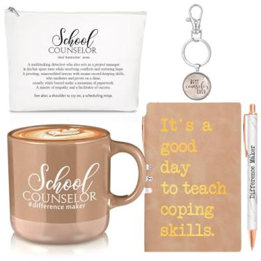 Imagem de SiliFine 5 peças de presentes de conselheiro escolar de Natal para mulheres 368 g caneca de cerâmica apreciação bolsa de maquiagem chaveiro caderno de couro canetas de agradecimento canetas presente