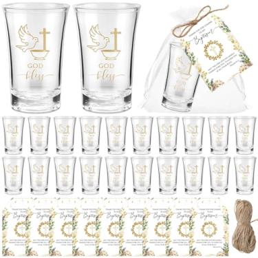 Imagem de Roshtia 50 conjuntos de lembrancinhas de primeira comunhão lembrancinhas de batismo para convidados God Bless copos de shot com etiquetas e bolsas de agradecimento lembrancinhas de chá de bebê
