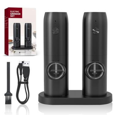 Imagem de Moinho Elétrico Recarregável com Base de Armazenamento, Moedor de Pimenta e Sal Ajustável em 5 Níveis, Kit Moedor Elétrico com Carregamento Tipo-C para Cozinha, Ervas e Especiarias