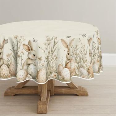 Imagem de Horaldaily Toalha de mesa redonda de Páscoa, 177 x 178 cm, bege, coelhinho da Páscoa, lavável, para decoração de festa, piquenique, jantar