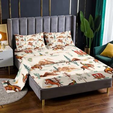 Imagem de AILONEN Jogo de lençol Queen vintage caubói ocidental para crianças, meninos, homens e meninas, cavalo deserto oeste, pôr do sol, 3 peças, 1 bolso profundo, 1 lençol de cima e 2 fronhas