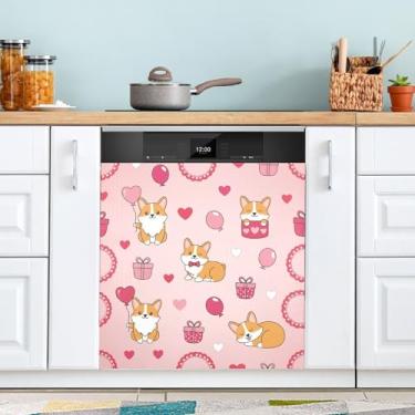 Imagem de ATTX Capa magnética para lava-louças Corgi dos Namorados | Adesivo decorativo de eletrodomésticos de 58 x 66 cm para armários domésticos e eletrodomésticos #456