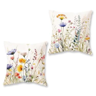 Imagem de HOMFREEST Capas de almofada de primavera 45,7 x 45,7 cm, conjunto de 2 fronhas decorativas de flores silvestres para ambientes externos, capa de almofada para sofá e decoração de casa