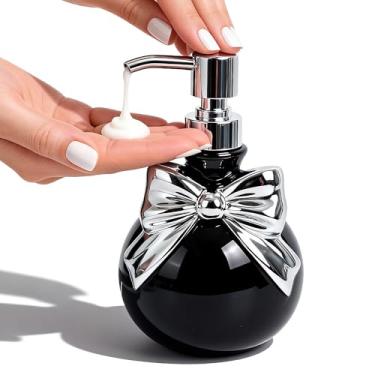 Imagem de Dispensador de sabão de cerâmica Bow, elegante decoração de banheiro preto, cozinha e bancada, dispensador de sabão fofo para banheiro, à prova de vazamento, 350 ml, recarregável para sabonete de mão