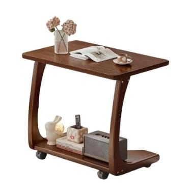 Imagem de VZQJHKMPXFS Mesa lateral de madeira maciça em forma de C com rodas de bloqueio - mesa móvel para sofá e espaços pequenos - Bandeja de TV perfeita para sala de estar (acabamento natural) (marrom)