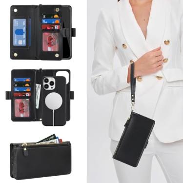 Imagem de Jaorty Capa carteira destacável para iPhone 16 Pro Max, [compatível com MagSafe] [porta-cartão] [bolso com zíper], capa magnética 2 em 1 de couro PU com alça de pulso, preta